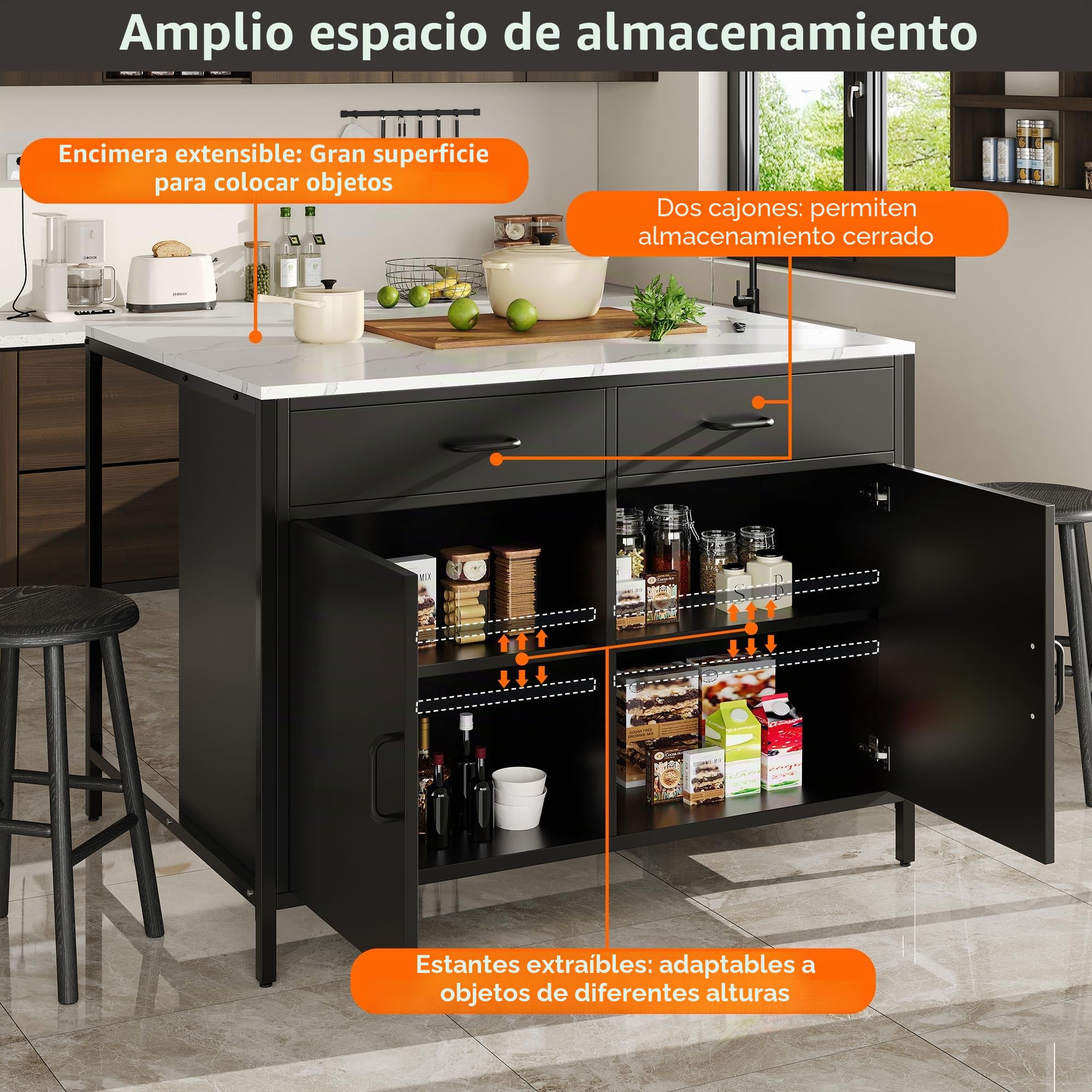 Isla de cocina, armario de cocina con 2 cajones, mesa de desayuno, bar, isla de cocina con estantes, isla de cocina, isla de cocina con encimeras de mármol, 100 x 90 x 90 cm, patas ajustables