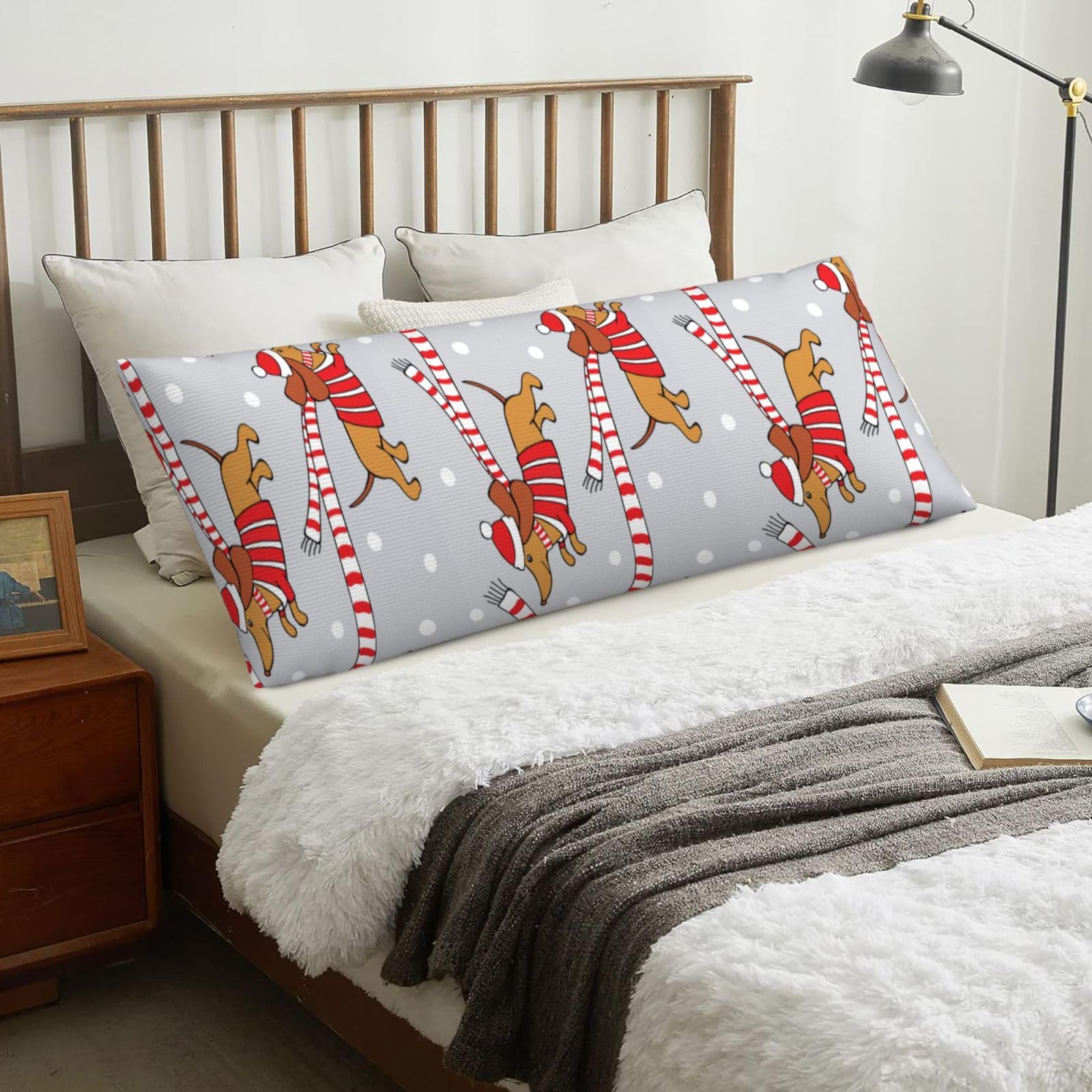 Christmas Cartoon Dog Dachshund, Body Pillow Cover with Zipper,Long Body Pillowcase 20 x 60 in
