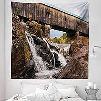 Vista 1 de Ambesonne Landscape Tapestry Queen Size, Old Rustic Oak Covered Bridge over Cascading Waterfalls Rock Fall Season American City, Wall Hanging