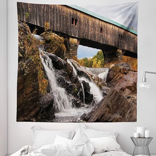 Ambesonne Landscape Tapestry Queen Size, Old Rustic Oak Covered Bridge over Cascading Waterfalls Rock Fall Season American City, Wall Hanging
