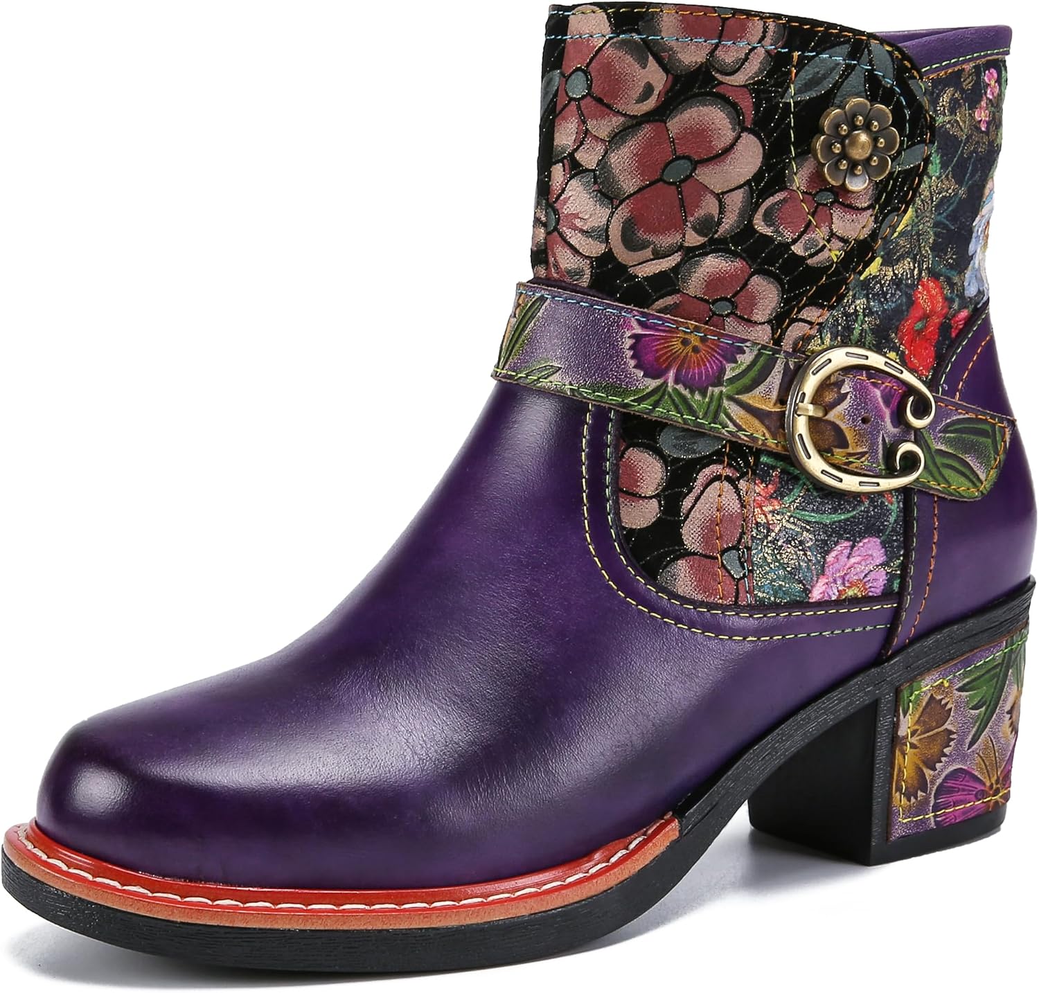 CrazycatZ Womens Leather Ankle Boots, Chunky Heels Vintage Colorful Bohemioan Boots