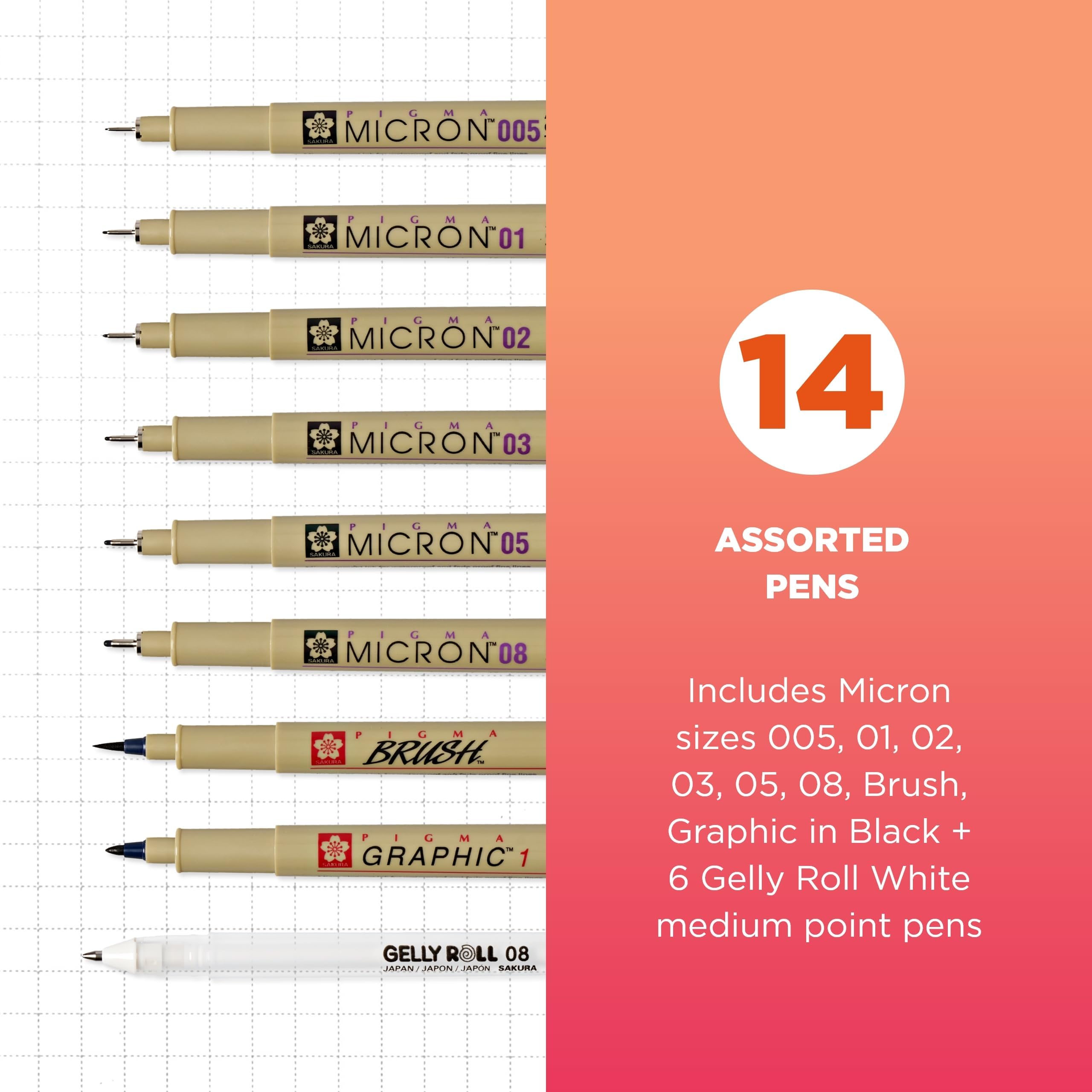 SAKURA Pigma Micron Fineliner & Gelly Roll Klassische weiße Stifte – zum Schreiben, Zeichnen oder Journaling – verschiedene Punktgrößen – 8 schwarze Mikron und 6 weiße Gelschreiber