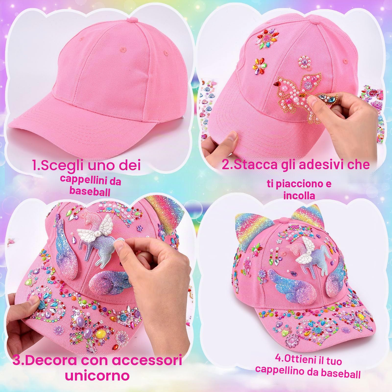 vamei Regalo per Ragazza 4 5 6 7 8 9 10 11 Anni Fai Da Te Cappellino da Baseball DIY Berretto con Adesivi per Unicorno Strass Decora Cappellino da Baseball Regali di Compleanno Ragazza