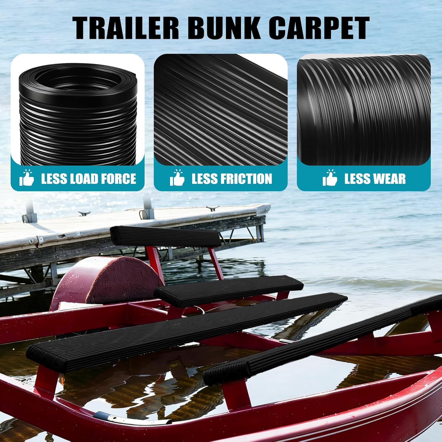 SUPOWER Bunk Wrap Kit Roll with Endcaps for Boat Trailer, 24"x2"x4" Waterproof PE Synthetic Bunk Cover Replaces Carpet, Black