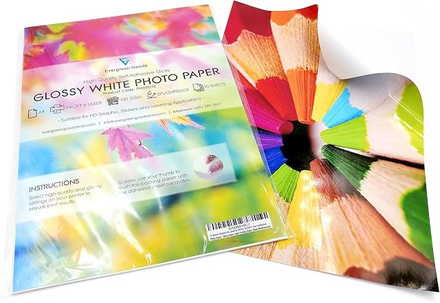 Evergreen Goods A4 Quality Glossy White Self Adhesive Photo Paper | Splashproof Print | Inkjet & Laser Printable | Strong Sticky Back Printing Labels| 10 Sheets