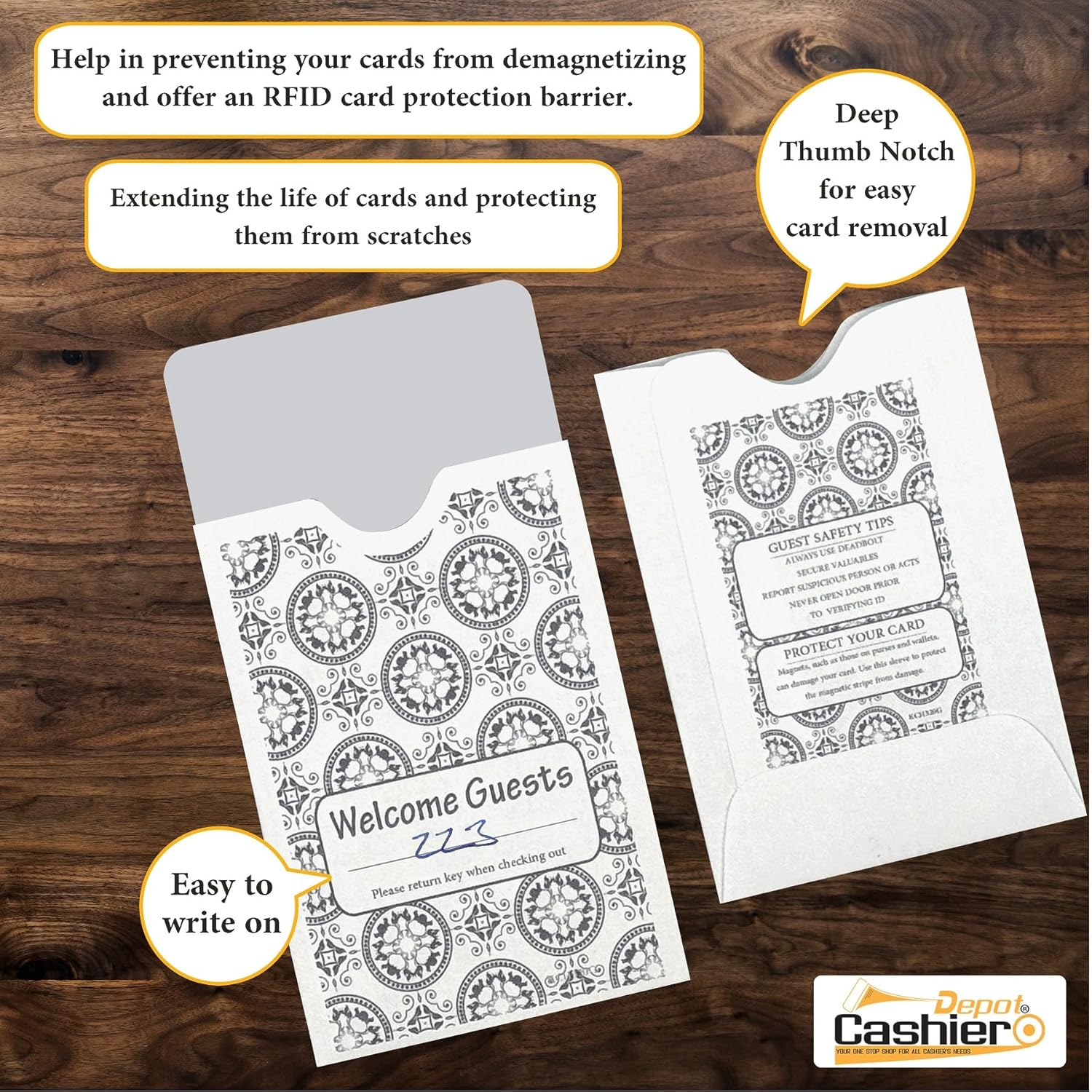 2500 Cashier Depot - Hotel Key Card Sleeves, White 24lb Paper, 2 3/8 x 3 1/2 Inches, Welcome Guest Design, Printed in Gray, 2500 Count