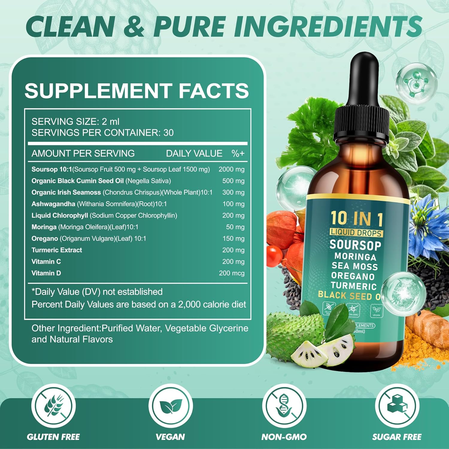 Soursop Bitters Liquid Drops, Bitter Herbs with Soursop Extract, Ashwagandha, Sea Moss & Black Seed Oil, Formulated for Immune Wellness, Antioxidant Support & Healthy Digestion, 2 FL Oz
