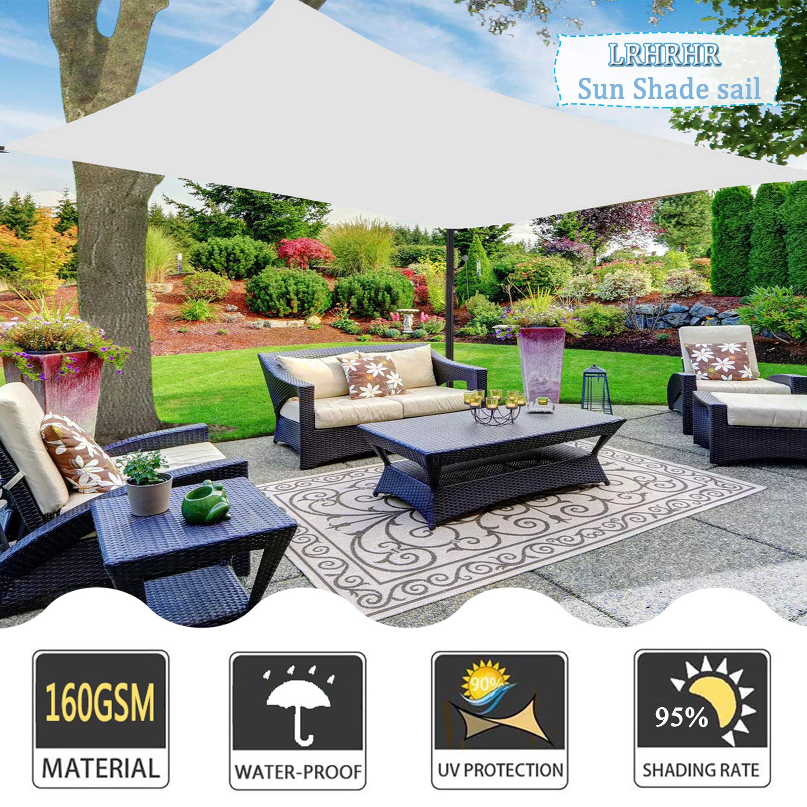 Sonnensegel Rechteckig Sonnenschutz Wetterbeständig UV Schutz Polyester Segel Schatten, für Garten Terrasse Camping- White| 3x4m(9.8x13ft) Garten