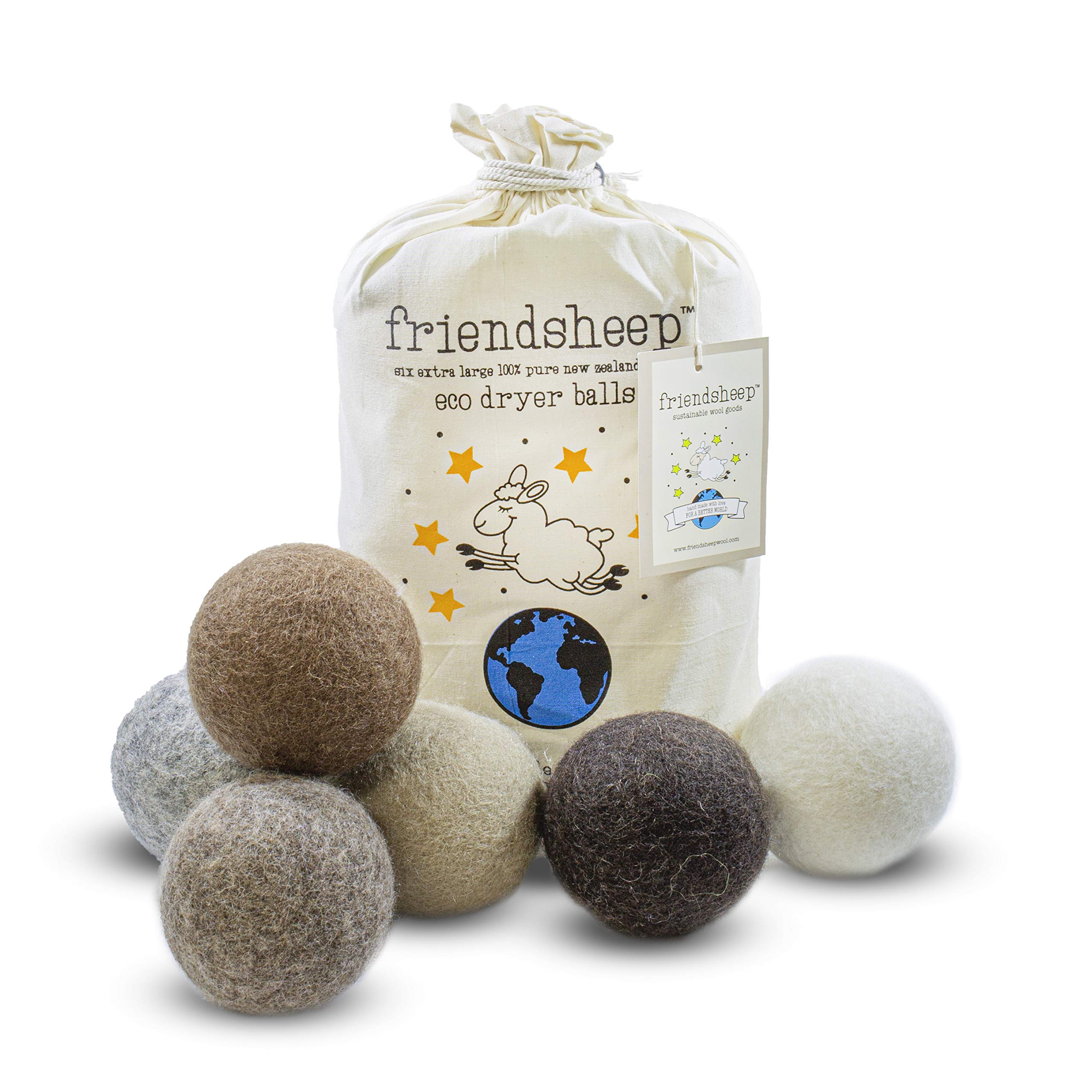 Friendsheep Woll-Trocknerbälle, 6 Stück, XL, Bio, Premium, wiederverwendbar, tierversuchsfrei, handgefertigt, Fair-Trade, Keine Fusseln, Weichspüler, Farbe Braun, Beige - Natural Mystic | Wiederverwendbarer Weichspüler Alternative Bio-Wolle, handgefertigt
