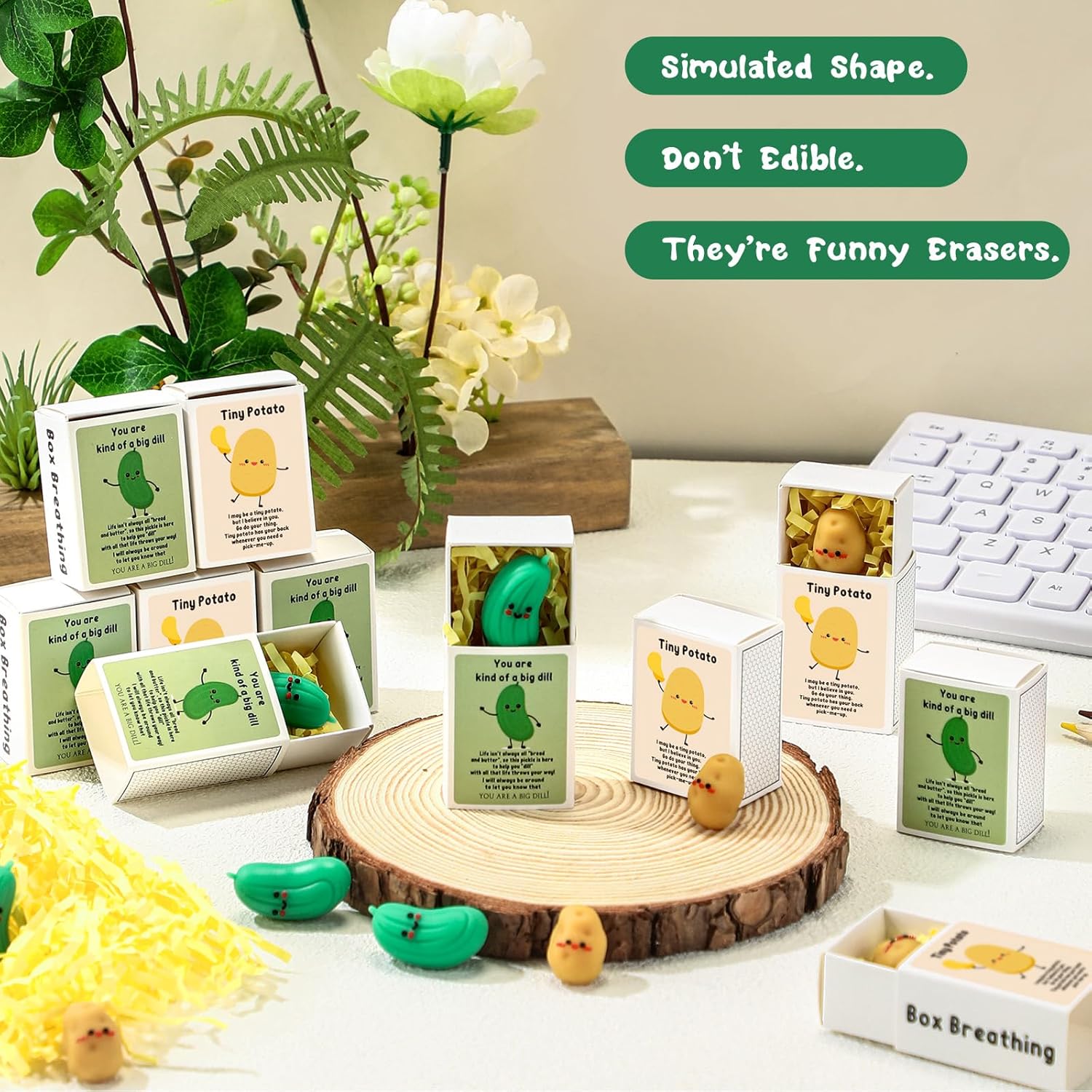 Sinload 100 Sets Emotional Positive Potato Pickle Erasers Desk Pets Office Gifts for Coworkers with Box Raffia Pocket Hug Appreciation Gift for Team Staff Employee Friend Nurse