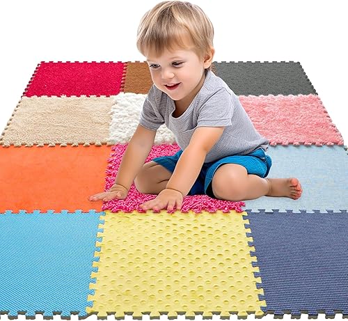 MOTGOM Juego de 12 azulejos sensoriales para piso, tapetes sensoriales texturizados, alfombra sensorial entrelazada, juguetes sensoriales para niños