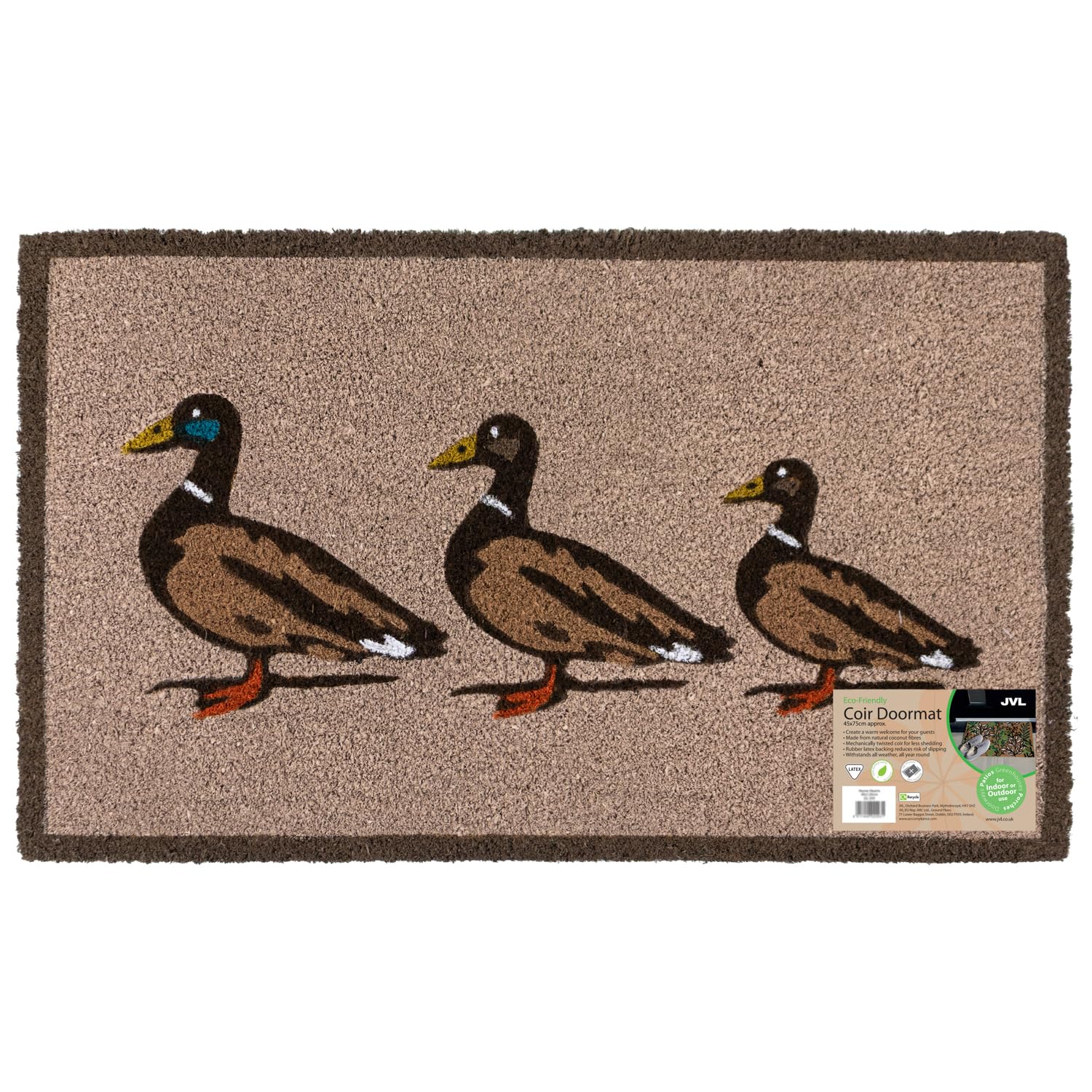 JVL Eco-Friendly Latex Backed Coir Entrance Doormat, 45x75cm - Ducks