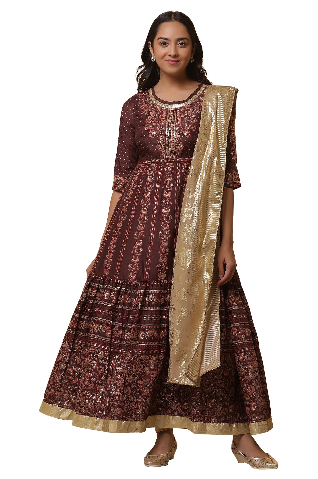 aurelia Women's Dark Wine Foil Printed Flared Dress, Tights and Dupatta Set-picture-41