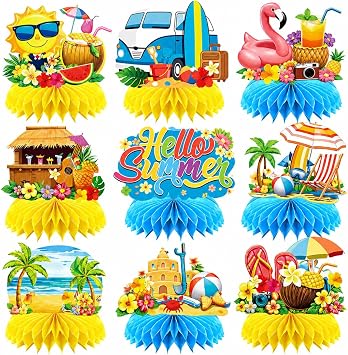 Summer Party Decorations, 9 Pcs Hello Summer Honeycomb Centerpieces, Tropical Beach Table Decorations for Pool Hawaiian Luau Party