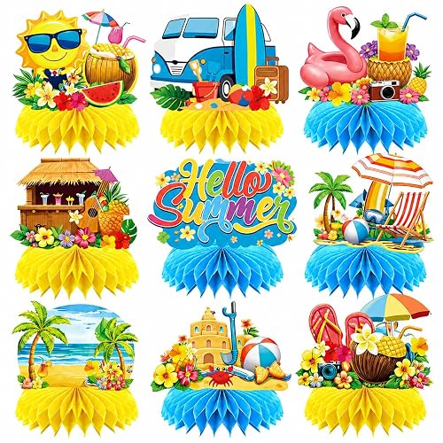 Summer Party Decorations, 9 Pcs Hello Summer Honeycomb Centerpieces, Tropical