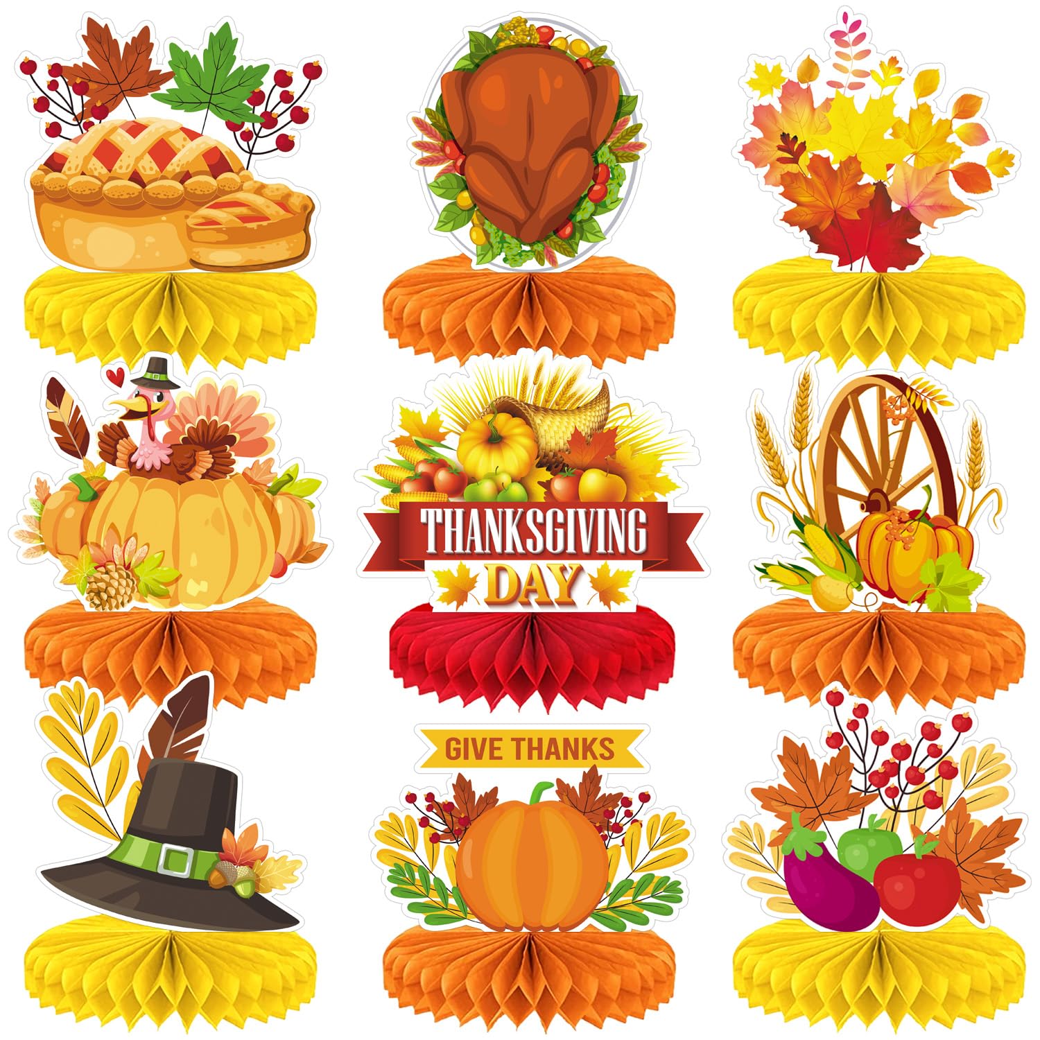 Thanksgiving Table Decorations - 9Pcs Fall Honeycomb Centerpieces for Tables with Pumpkins, Sunflowers, Scarecrow, Squirrel for Thanksgiving Dinner,