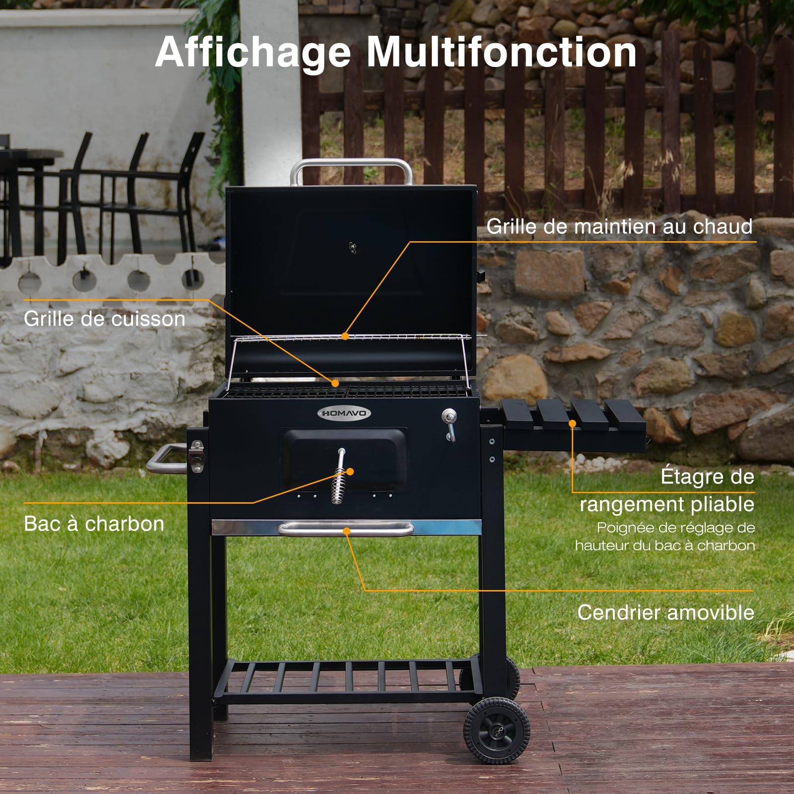 Barbecue Charbon de Bois, Barbecue à Charbon, Gril avec Couvercle, Surface de Cuisson 56×42,5 cm, Bac à Charbon Réglable, Table Latérale Pliante et Housse de Protection Incluse