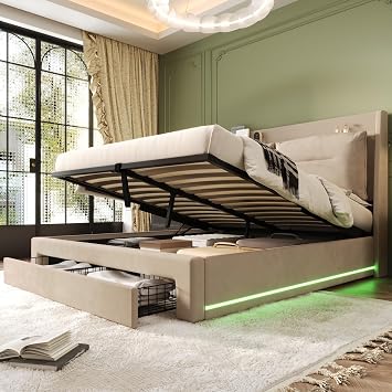 4ft6 Upholstered Double Bed Frame 135x190 cm with LED Light Strips and Headboard, 2-in-1 Hydraulic Ottoman Bed Double with Storage Drawers, Slatted Frame, Velvet, Beige, No Mattress