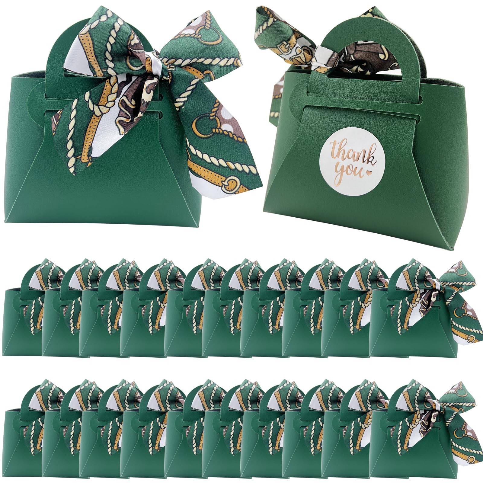 DUGYIRS 20 Pieces PU Leather Gift Bags with Satin Ribbon,Reusable Gift Boxes for Weddings,Birthday,Baby Showers,Candy(Dark Green)