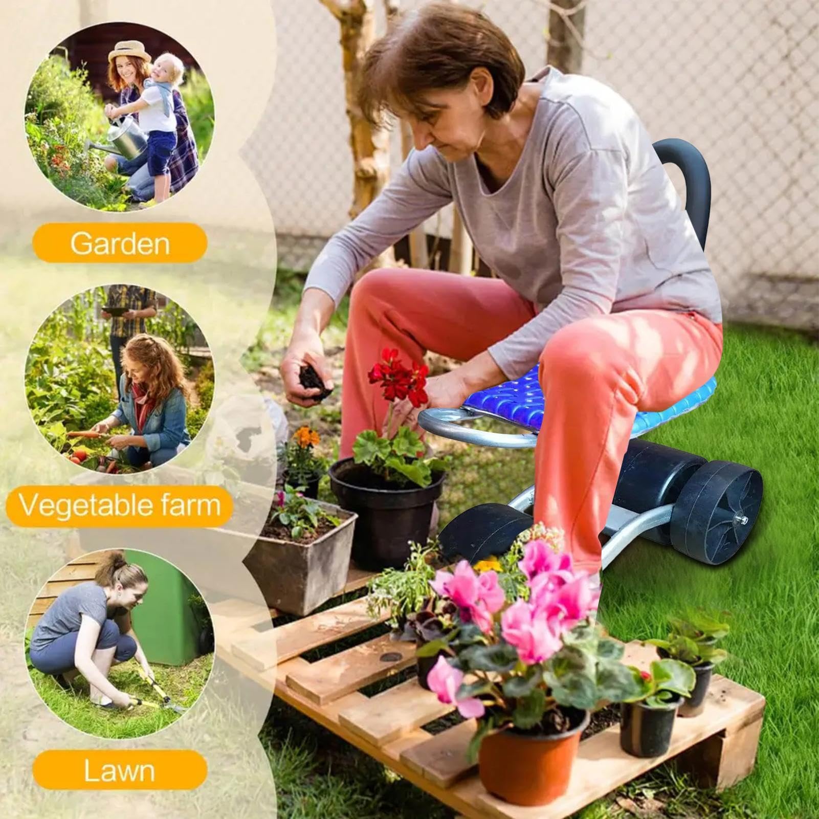 Taburete con ruedas para jardín - Taburete con ruedas para carrito de jardinería, asiento de trabajo para trabajo en el jardín | Asiento de Trabajo de Jardín con Ruedas, Asiento de Jardinería Plegable