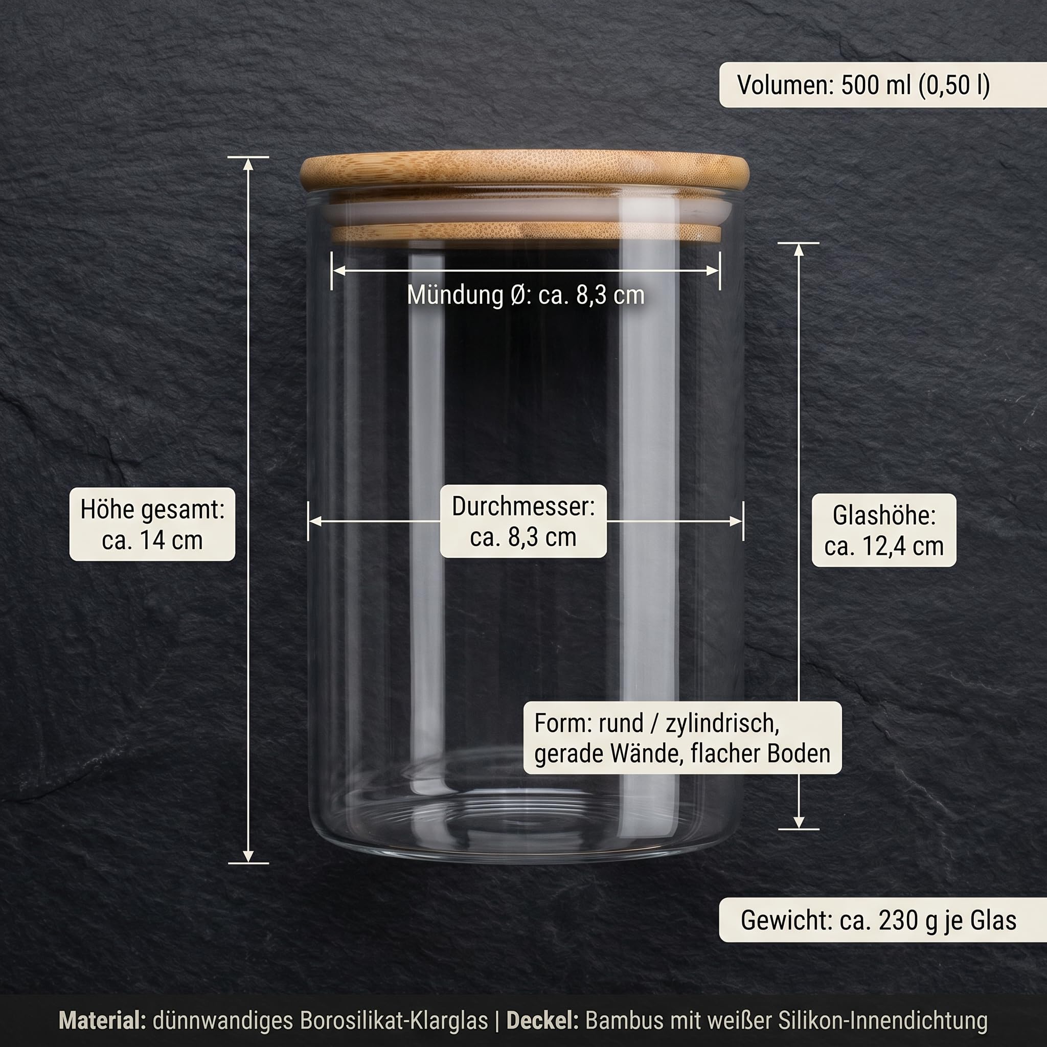 gouveo Set da 6 barattoli dispensa classici (0,50 l) con coperchio a pressione in bambù, vetro borosilicato rotondo cilindrico per alimenti secchi e organizzazione cucina (BGR500B)