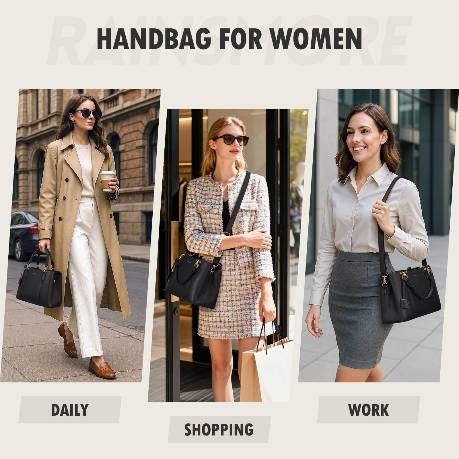 RAINSMORE Handtasche Damen Mittelgroß PU Leder Damenhandtaschen Klein Henkeltaschen Damen Umhängetasche Tasche Damen Tote Bag Schultertaschen Schwarz