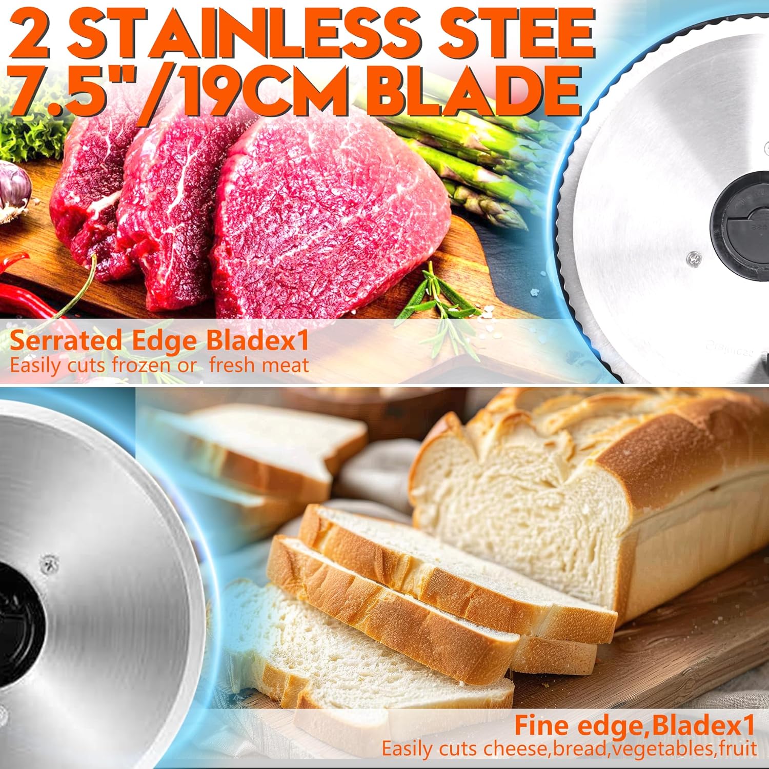 Meat Slicer 200W Electric Deli Food Slicer with 2 Removable 7.5" Stainless Steel Blade, Adjustable Thickness for Home Use, Child Lock Protection, Easy to Clean, Cuts Meat, Bread and Cheese