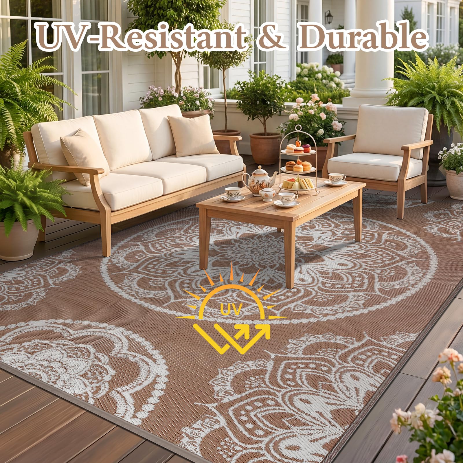 Tapis Exterieur Resistant Pluie Terrasse Tapis Barbecue Sol Exterieur Grand Tapis Plastique Exterieur Imperméable Tapis d'extérieur pour Terrasse Jardin Balcon Plage Salon 180 x 270 cm, Beige Marron