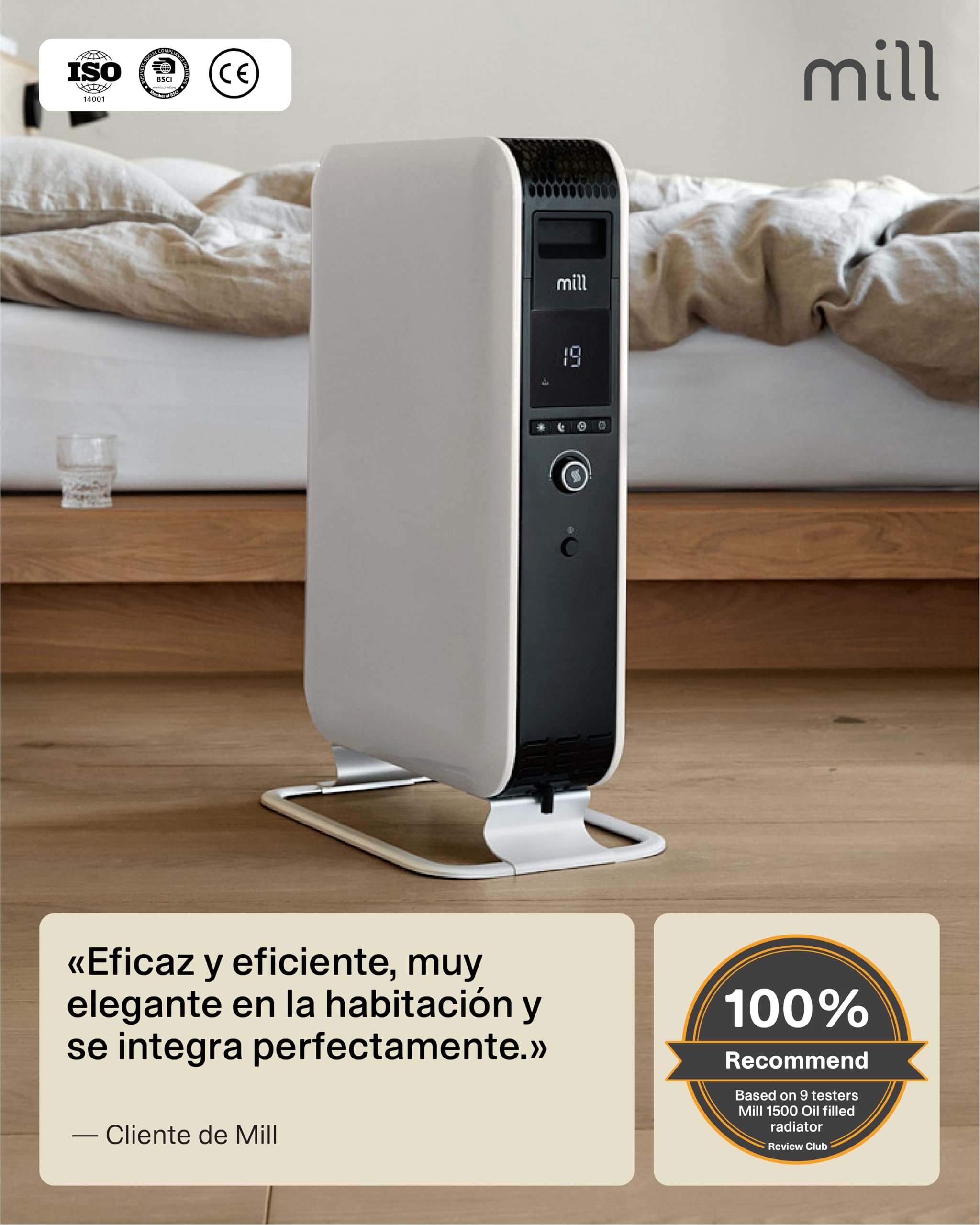 Mill Radiador de Aceite 1500 W, Radiador Eléctrico hasta 22 m², Calefactor Bajo Consumo Silencioso y Seguro, Programa Día y Noche, Radiador de Pie de Diseño Elegante, Diseñado en Noruega
