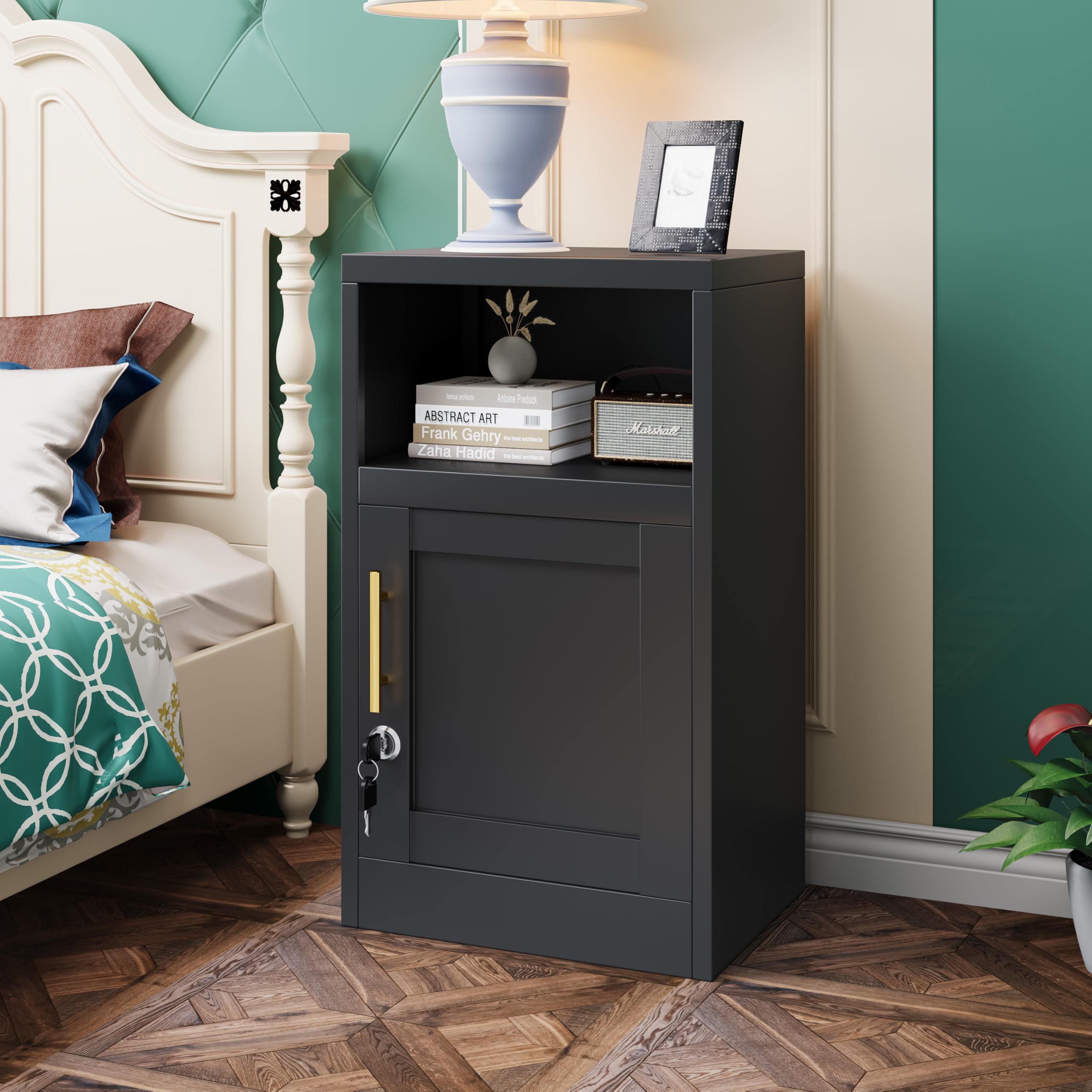GAIOUS Steel Nightstand Cabinet with Locked Door and Adjustable Shelf, Under Desk Metal Storage Cabinet with Open Countertop, Can be Used for
