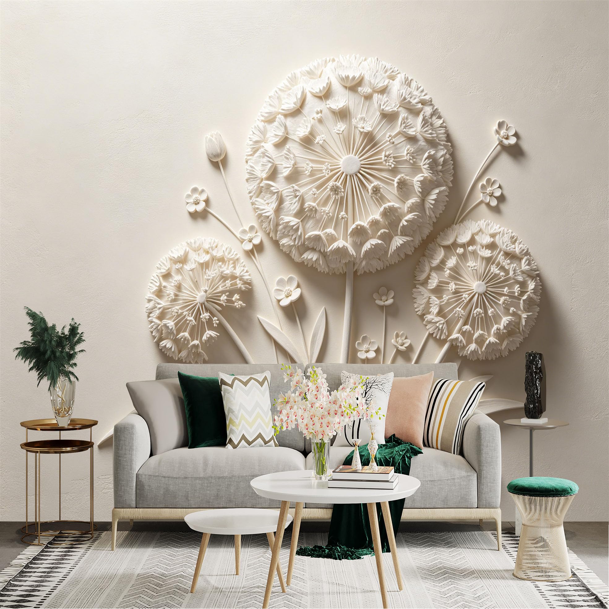 Lnzczhyre Dbh260521102 Custom Size Wall Sticker Mural， White Embossed Dandelion Flowers， 3D Sculptural Botanical Art， Minimalist Floral Decor， For Wall Decoration， Peelandstick Wall Decals.