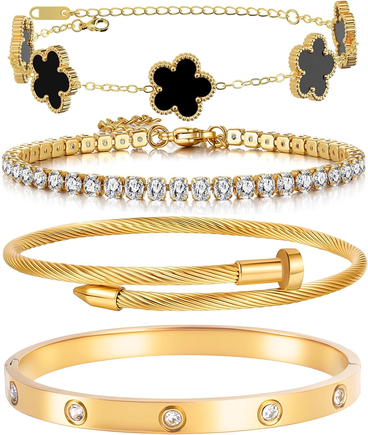 18K Gold Plated Womens Stackable Floral Gold Clover Bracelets Set Love Bangle Bracelets Non Tarnish, Nail Bracelet Set Trendy Jewelry,Gifts for Women’s Day and Mother’s Day