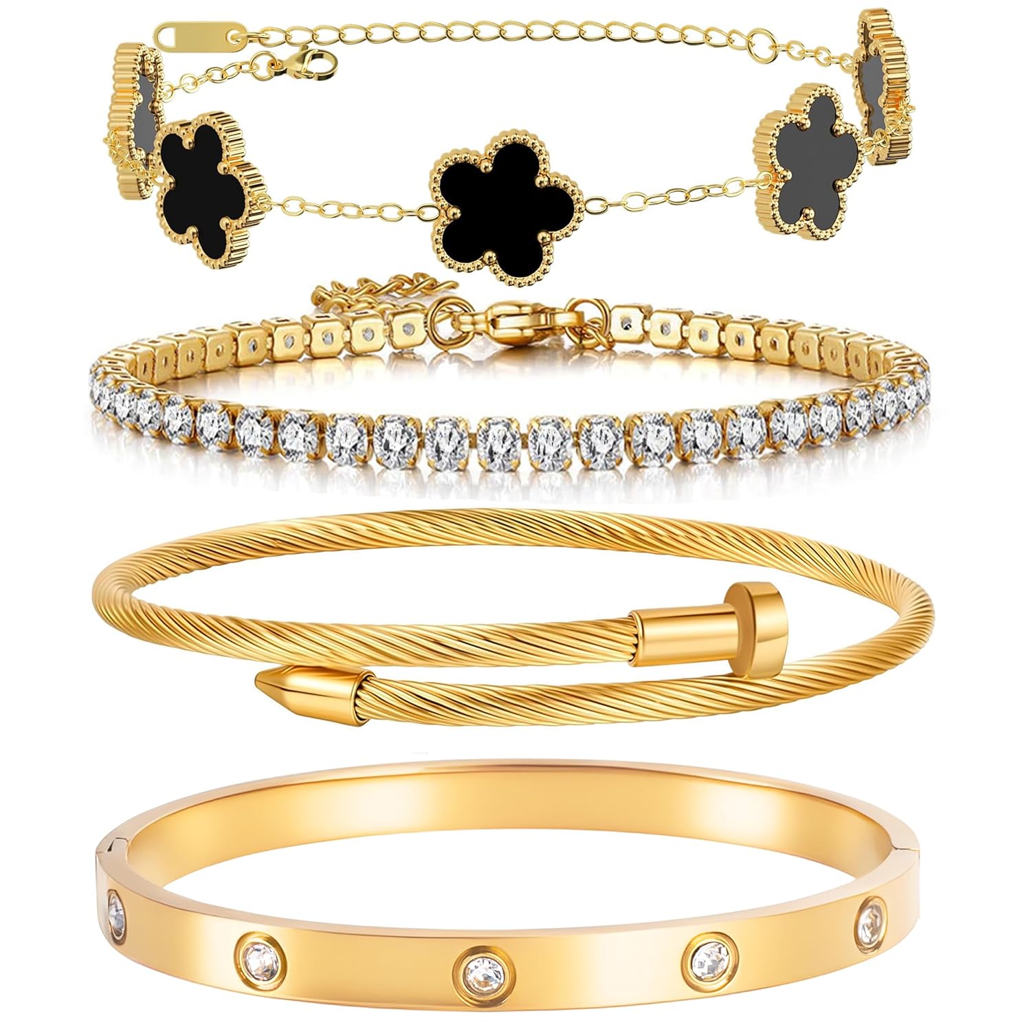 18K Gold Plated Womens Stackable Floral Gold Clover Bracelets Set Love Bangle Bracelets Non Tarnish Nail Bracelet Set