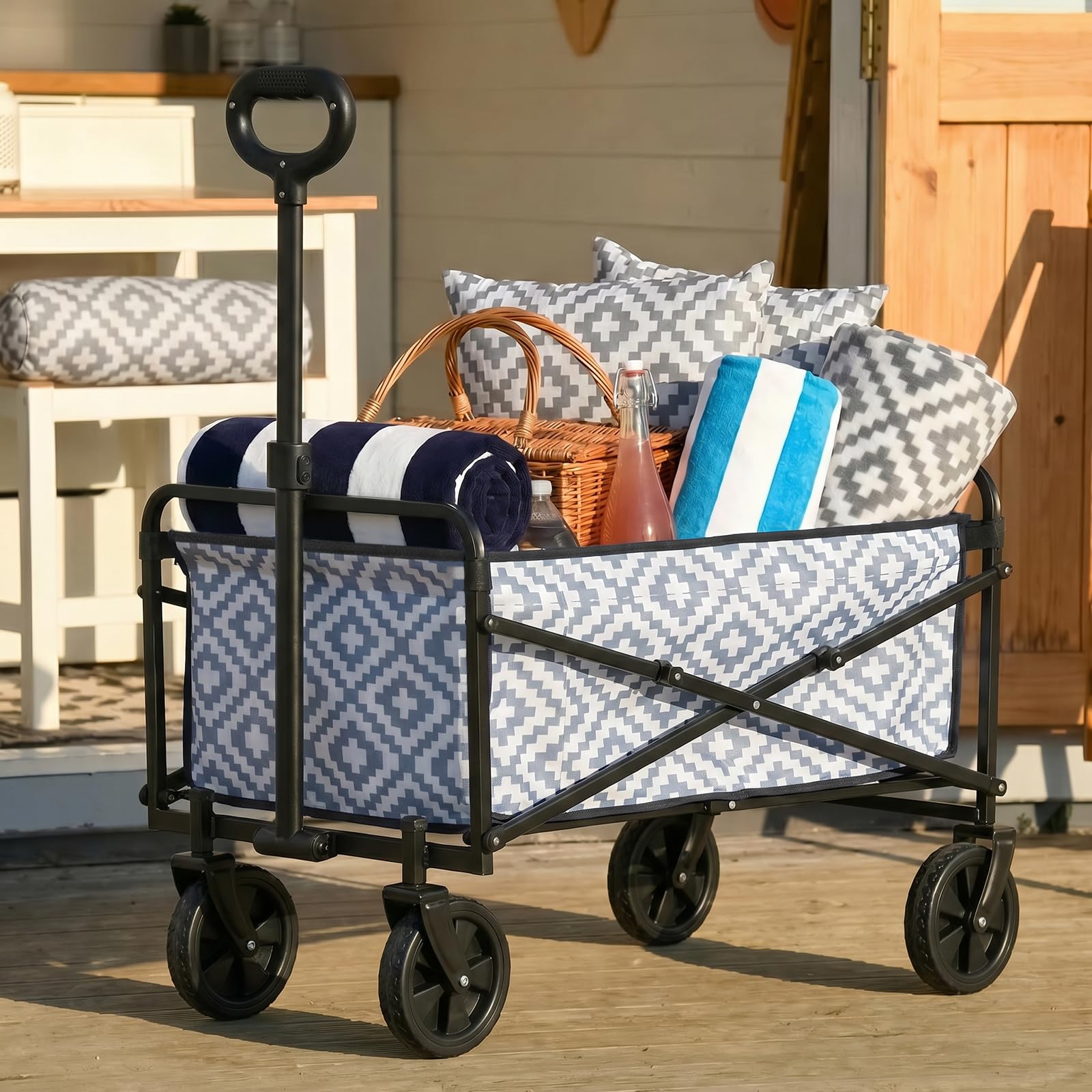OHS Shopping Trolley on Wheels, Folding Wagon Portable Camping Cart Festival Trolley Collapsible Foldable Garden Camping Trolley with Handle for Outdoor Picnic Fishing, Geometric Grey