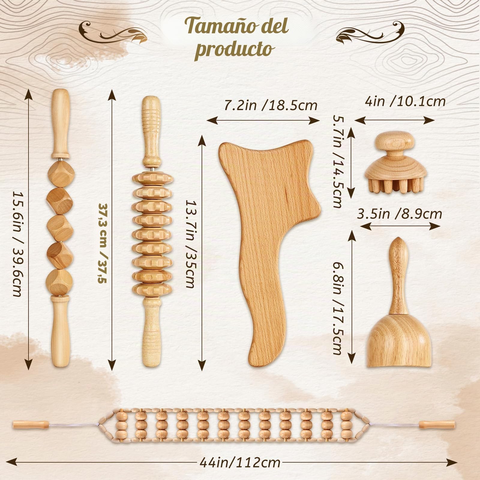 Yofuly 6 PCS Herramientas de Masaje de Terapia de Madera, Kit de Masajeador de Maderoterapia Completo Profesional para Modelar el Cuerpo, Drenaje Linfático, Alivio del Dolor Muscular, Anti Celulitis