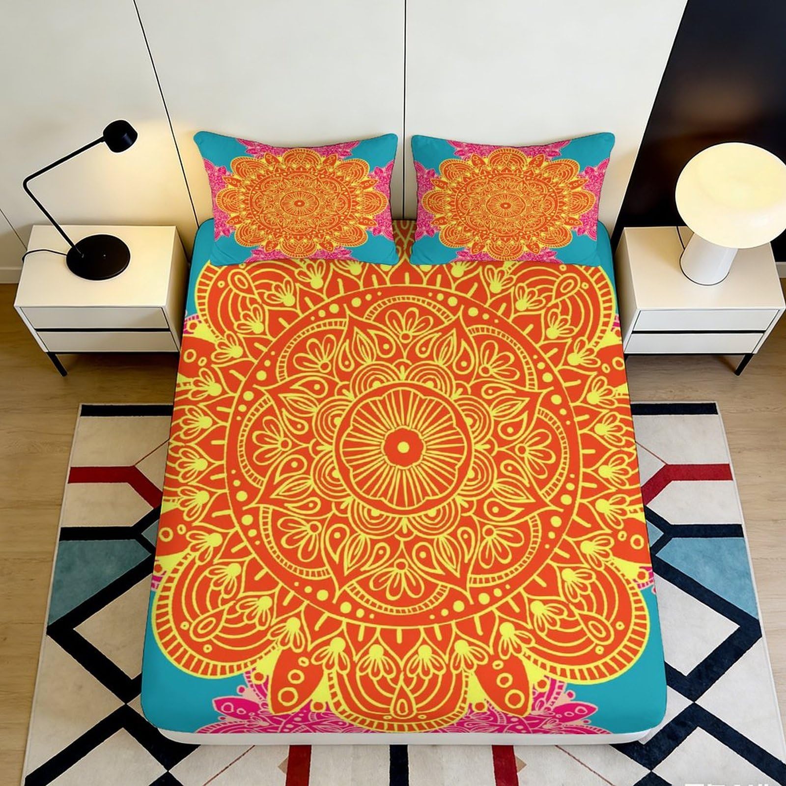 3D Printed Mandala Sun Fitted Sheet Microfiber Soft Colorful Lotus Mattress Cover for Bedroom Dorm Decor 90x200x25cm