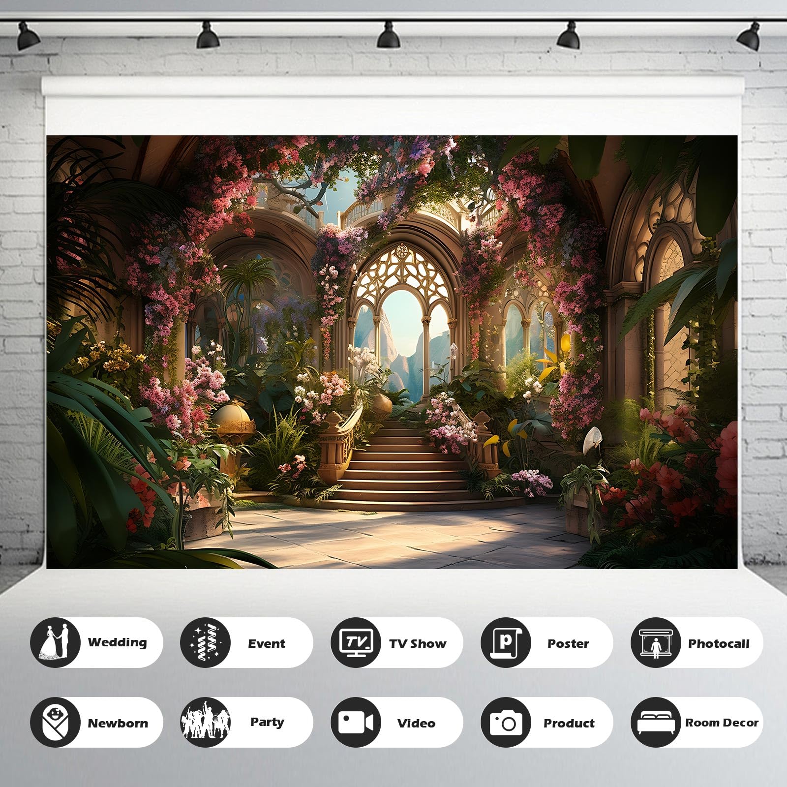 Garden Backdrop Wedding Archway Pink Flowers Photography Background Beautiful Fantasy Garden Scene with Stairway Backdrops Birthday Party Wedding Anniversary Portrait Photo Studio Props: 12x8ft