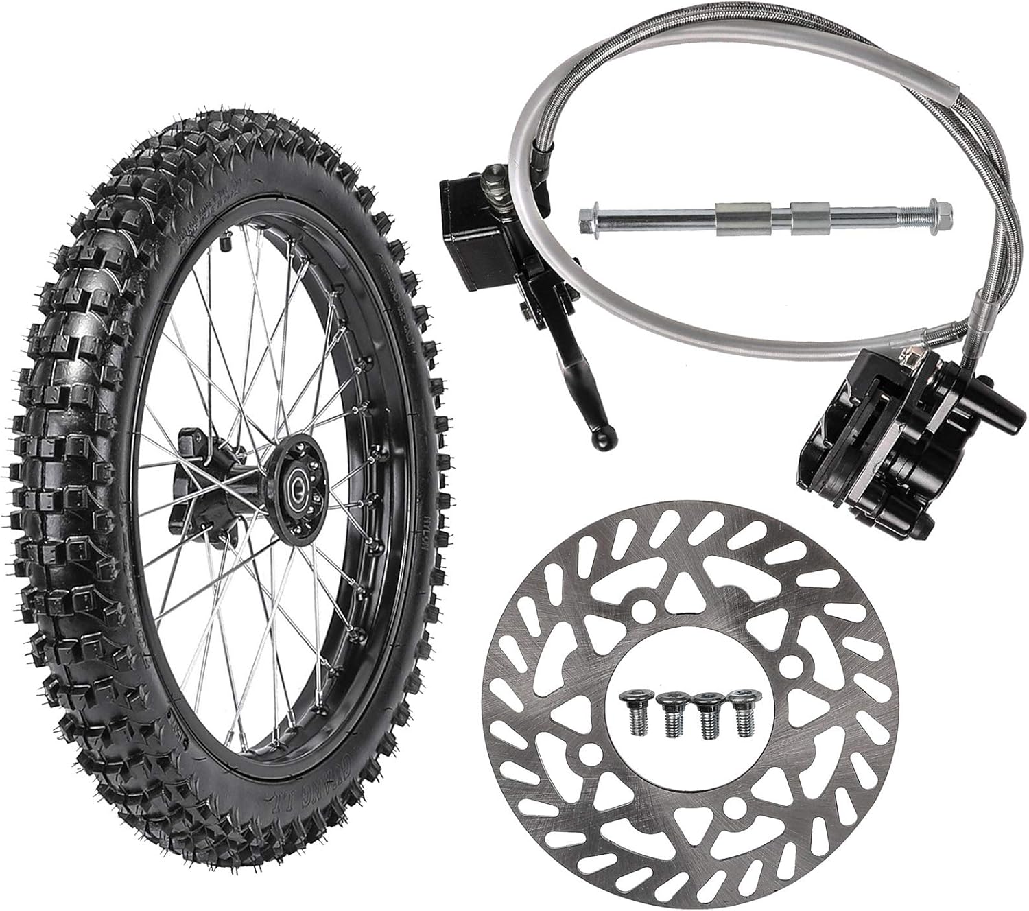 70/100-17 Front Wheel Tire Rim With 15mm Bearing & Brake Disc Rotor & Hydraulic Disc Brake Caliper Master Cylinder and Rim Axle Set for Dirt Pit Trail Bike