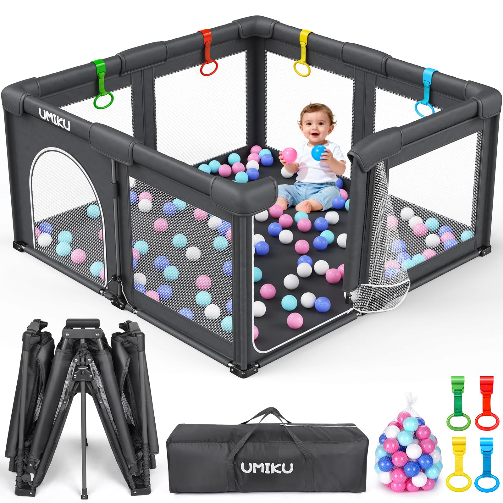 Baby Playpen,Foldable Portable Playpen For Babies And Toddlers ,59"x59"Play Pen With Zipper Door,Play Pen Indoor & Outdoor Baby Fence Play Area, Collapsible Play Yard With Travel Bag(Light Grey