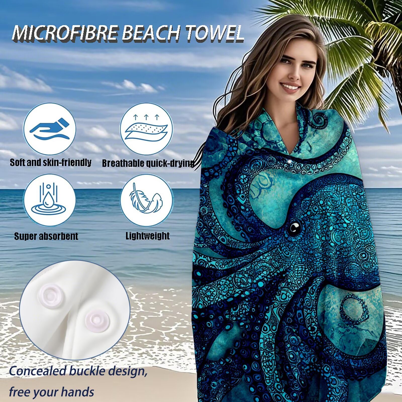 Mikrofaser Strandtuch 180x100 cm, Strandtuch Oktopus Sandfrei, Schnelltrocknendes und Strand Sonnenschutz Funktion Mikrofaser Handtuch groß für Badezimmer Strand Schwimmen Camping Strand Zubehör Q-309