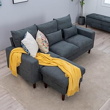 Panana Convertible Sectional Sofa Couch, 3-seat L-Shaped Couch with Ottoman, Couches with Linen Fabric, with Moveable Chaise Ottoman Lounge for Apartment/Upstairs Loft/Living Room, Grey