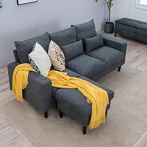 Panana Convertible Sectional Sofa Couch, 3-seat L-Shaped Couch with Ottoman, Couches with Linen Fabric, with Moveable Chaise Ottoman Lounge for Apartment/Upstairs Loft/Living Room, Grey