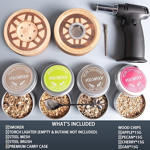 Miniatura 2 de VOLCAROCK Fumador de cóctel de madera kit de camarero casero con estuche de transporte y antorcha incluida ahumador infusor de virutas de madera