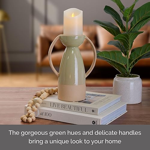 Miniatura 4 de Elements Portavelas de pilar de cerámica, para uso con cera real o velas sin llama, 7.44x4.41x10 pulgadas, verde