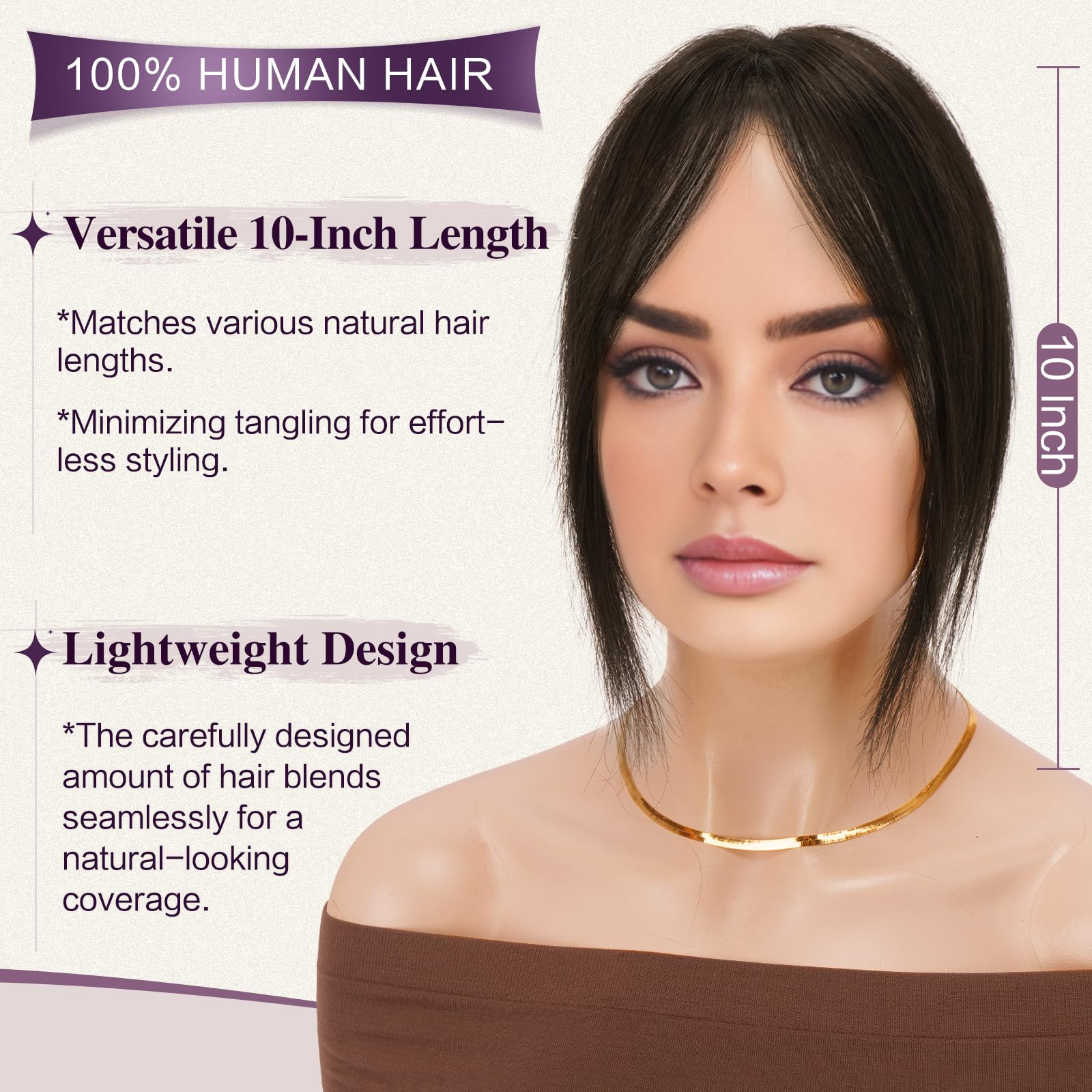 RUWISS Topper Cheveux Humain Femme Marron Foncé Hair Topper Natural Postiches à Clip Légère Droits Cheveux Humains sans Franges
