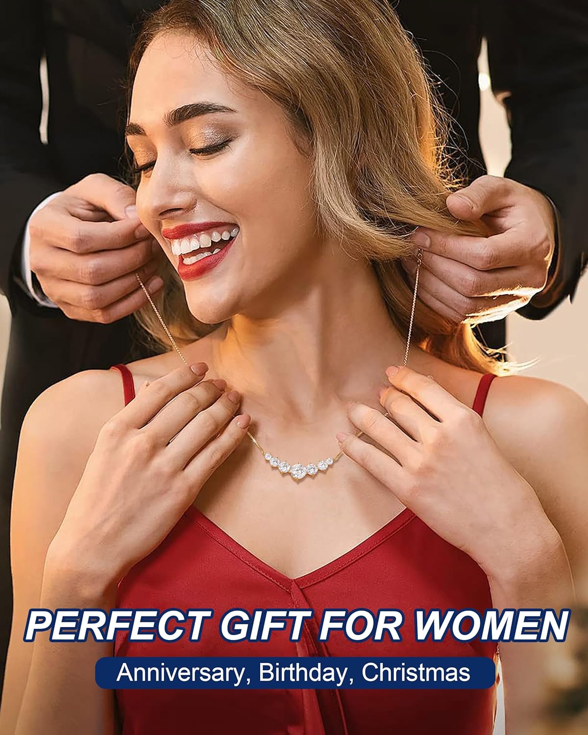 TUHE 7 Stones Moissanite Necklace for Women, 1.7-5.0 Carat Smile Moissanite Pendant Necklace 18k Gold Plated Sterling Silver 16.5+2.5 inch Box Chain Tennis Necklaces with Certificate of Authenticity - Image 6