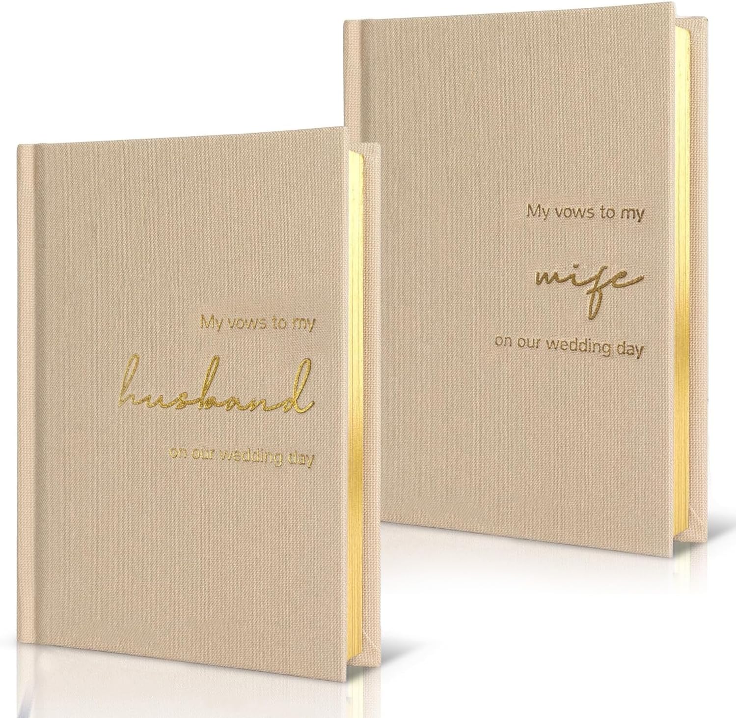 LADY&HOME Wedding Vow Books His and Hers, Linen Hardcover Gold Foil Vow Books for Ceremony, Wedding Must Haves, Wedding Registry Ideas, His and Her Gifts (Beige)