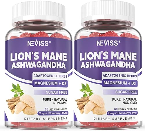 Lions Mane Mushroom Gummies + Ashwagandha, Magnesium Glycinate & Saffron, Organic Lions Mane Brain Supplements for Women & Men, Mushroom Supplement