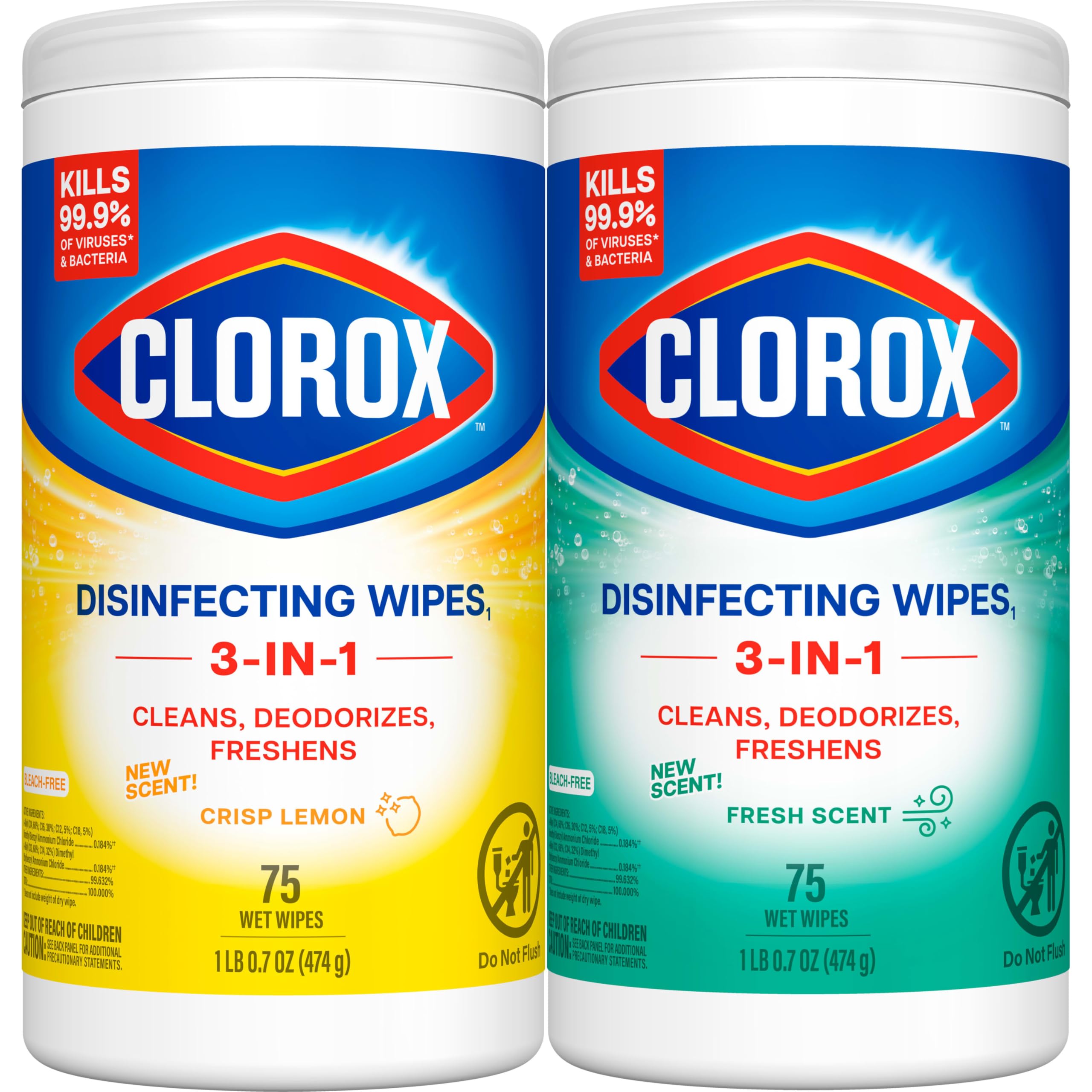 Clorox Disinfecting Wipes Value Pack, Bleach Free Cleaning Wipes, 75 Count Each, Pack of 2, Packaging May Vary