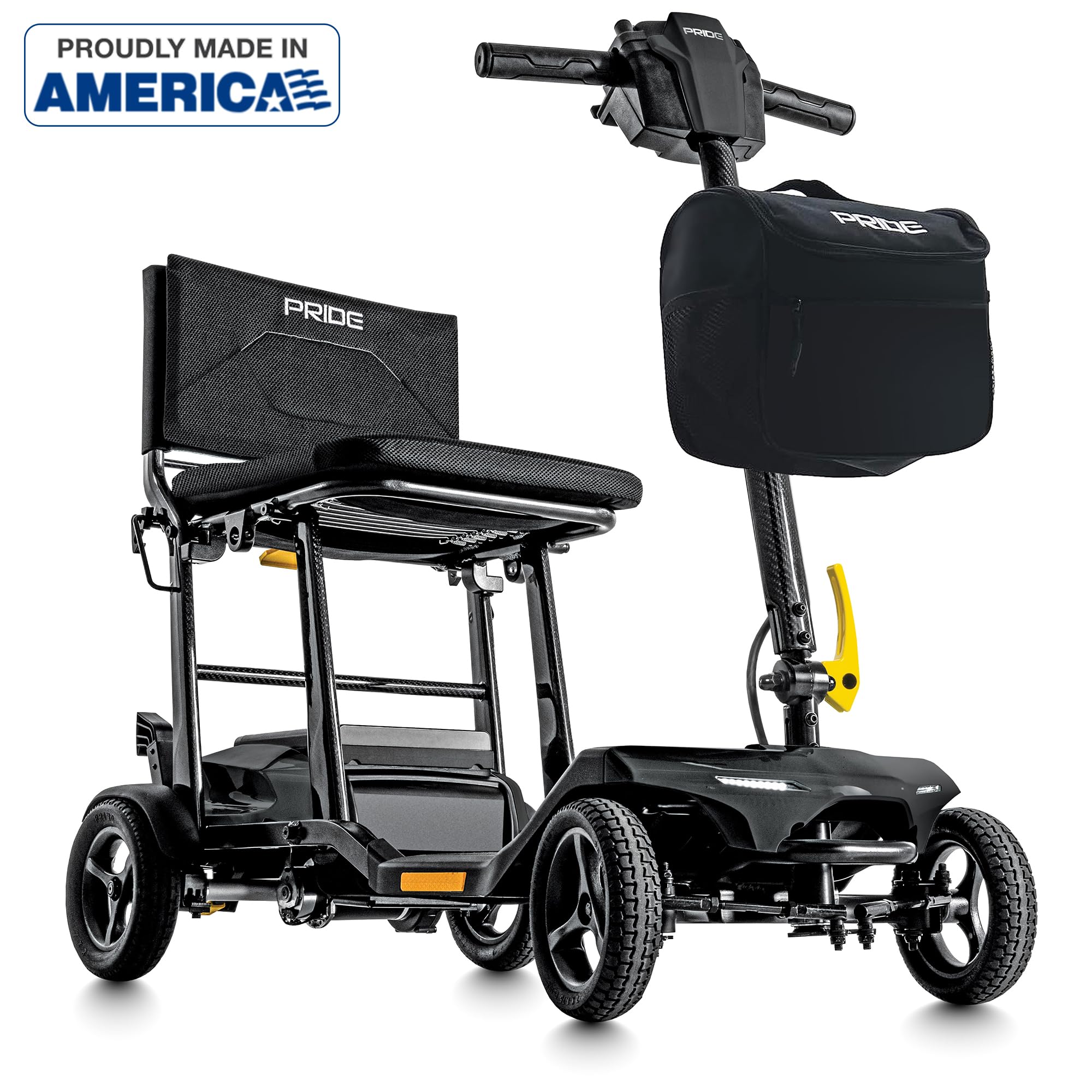 Pride Mobility Go Go - Patinete de viaje súper portátil + soporte para teléfono celular, kit de reposabrazos, scooter plegable de movilidad eléctrica, capacidad de 300 libras, compatible con Ariline